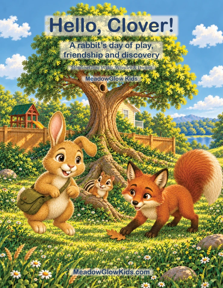 Hello, Clover! Clover the rabbit explores with Pipkin and Ember beside a leafy tree and lake.
