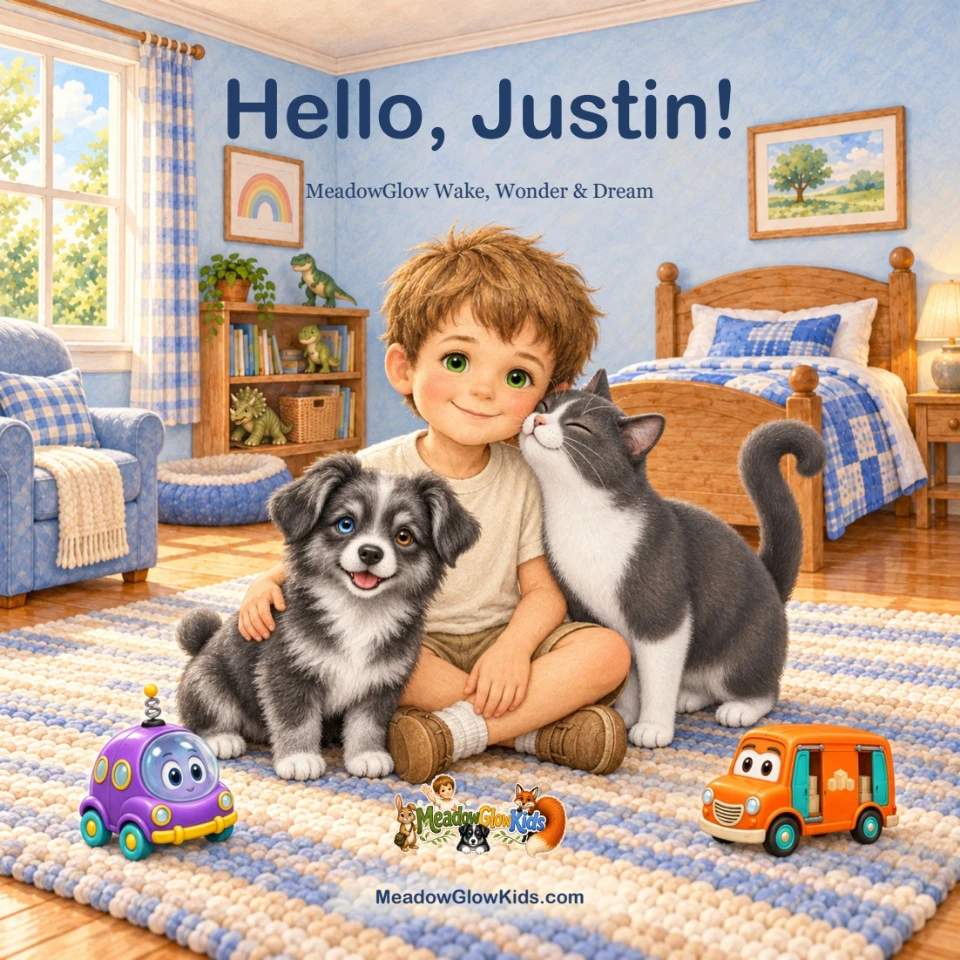 Hello, Justin! Justin sits on his bed with Dusty and Molly nearby.