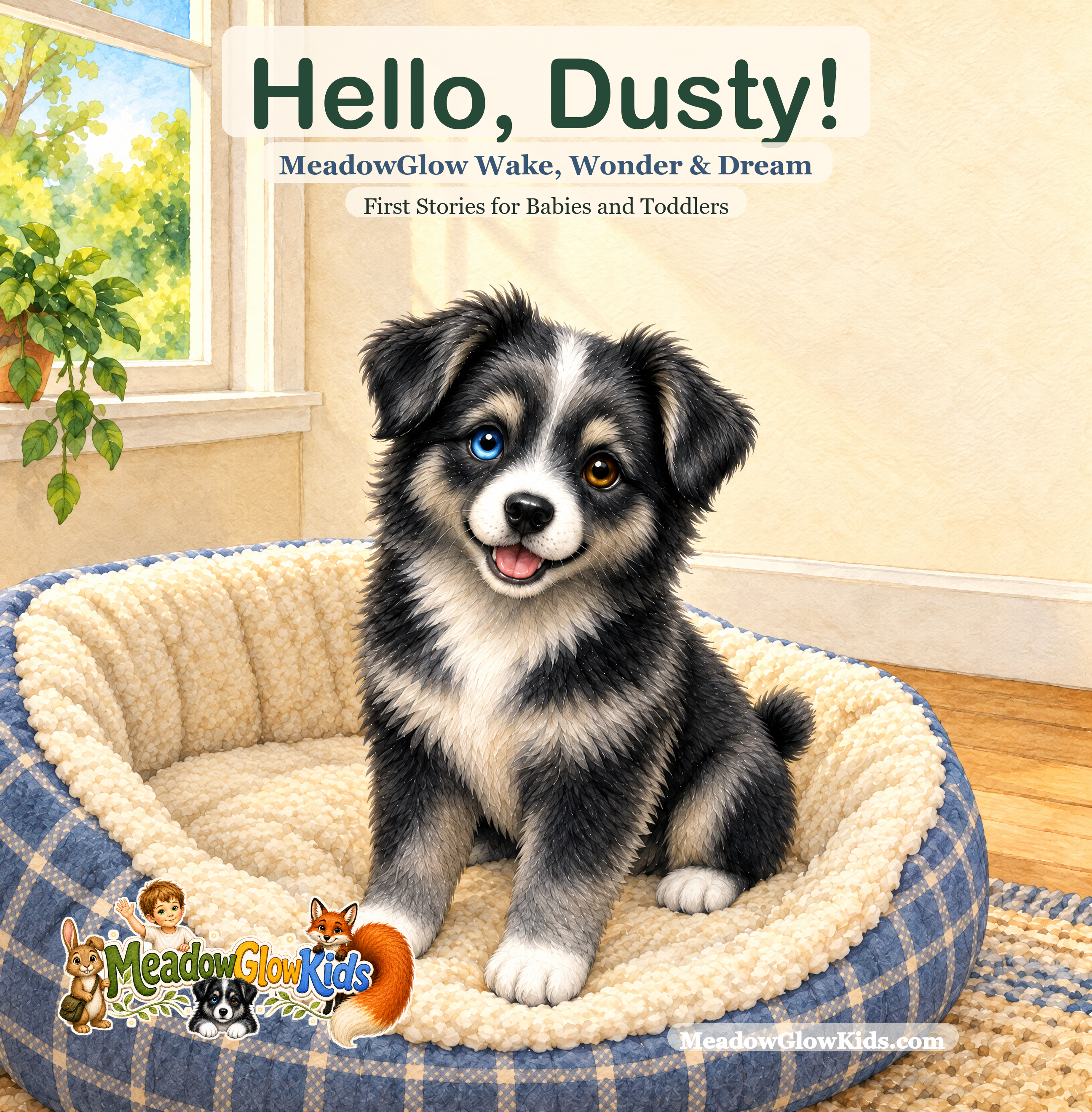 Hello, Dusty! First Stories for Babies and Toddlers: Dusty sits in his cozy dog bed.